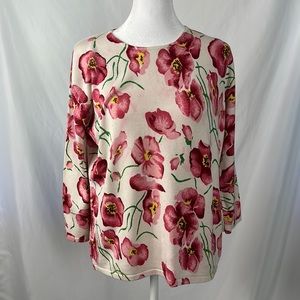 Joseph A Silk Blend  Pink Flowers 3/4 Sleeve Shirt Top Colorful